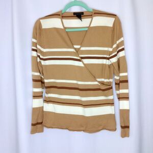 ⭐ Madison Studio Women's Faux Wrap Cardigan Ntral Stripe Cotton Knit Sweater Med